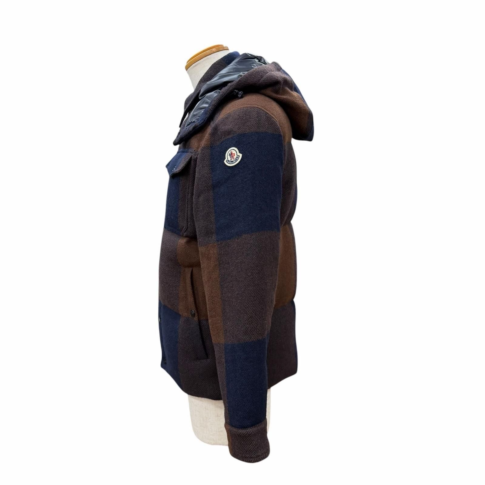 Moncler Ladurns Wool Plaid Hooded Double Zip Up Jacket Brown Navy 0 — view 3