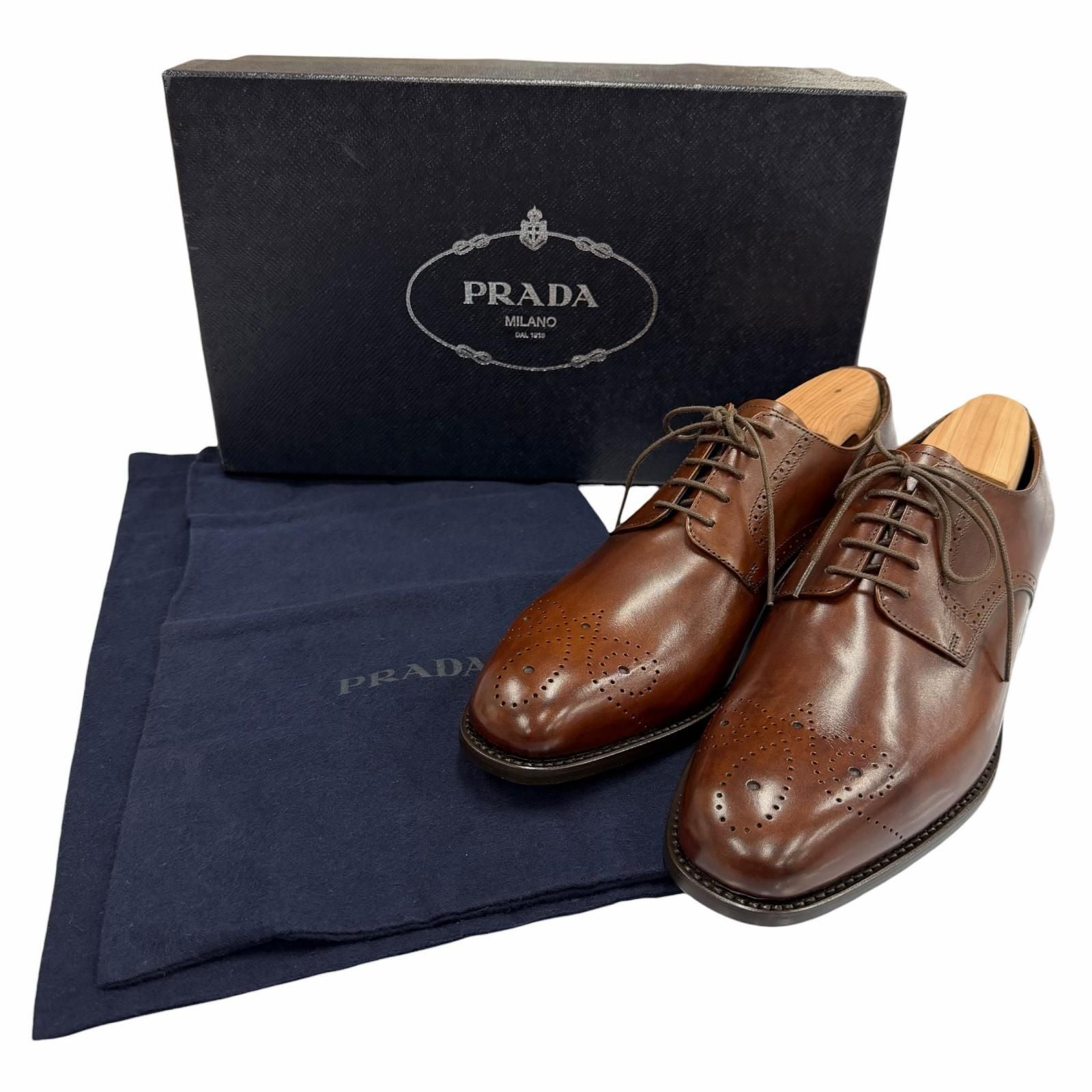 Prada Perforated Medallion Leather Shoes Brown 5 — view 2