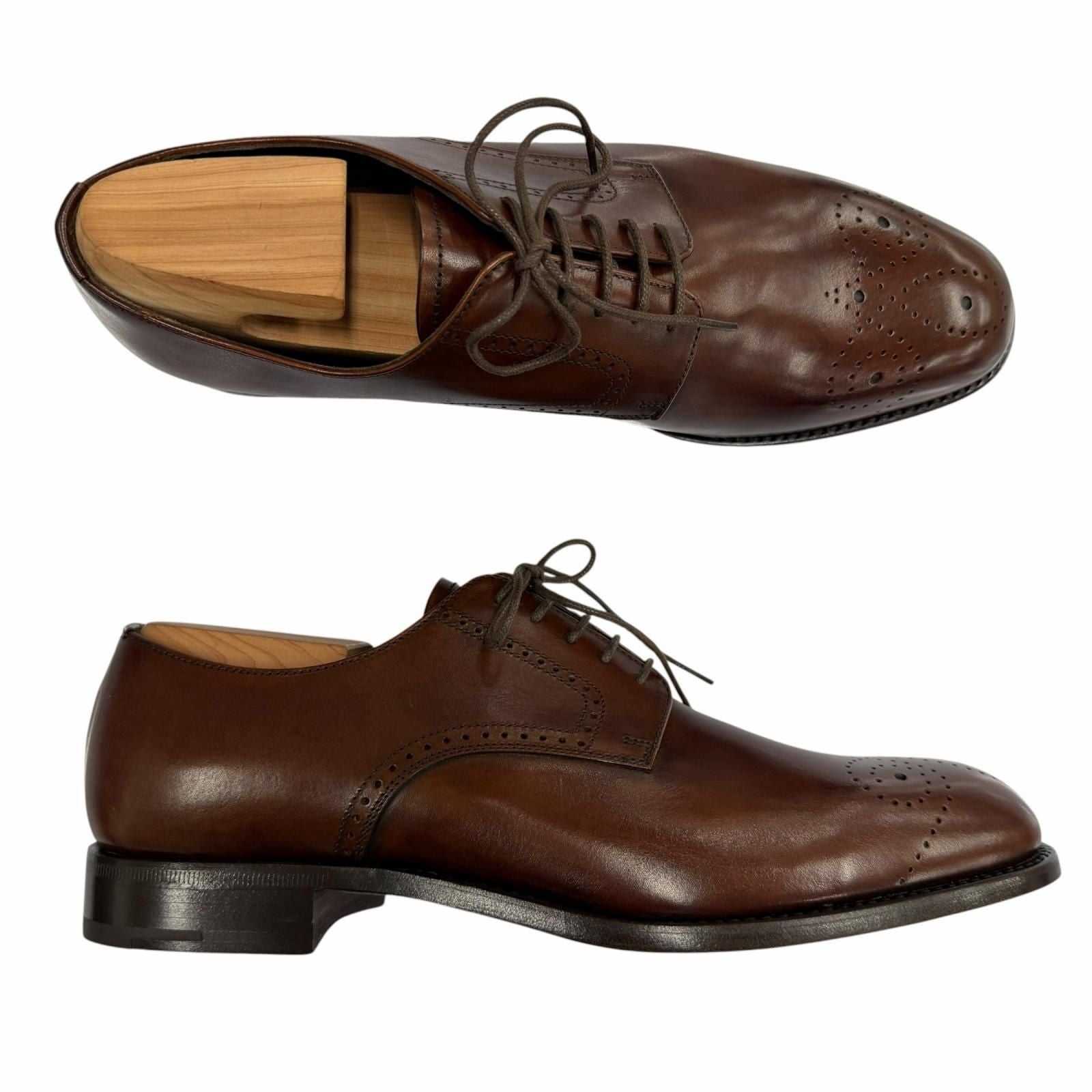 Prada Perforated Medallion Leather Shoes Brown 5 — view 6