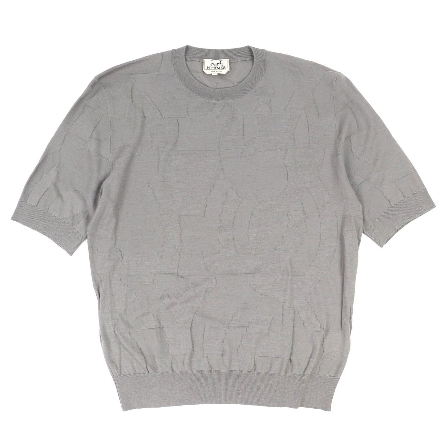 Hermes Equestrian Fragments Wool Crew Neck Short Sleeve Knit Top Gray XL