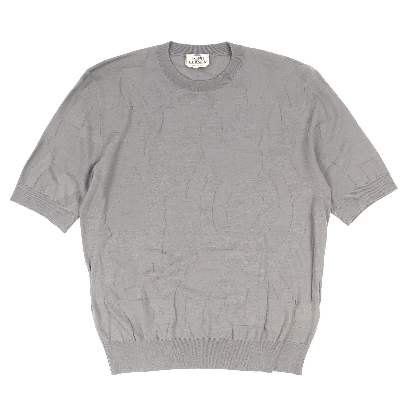 Hermes Equestrian Fragments Wool Crew Neck Short Sleeve Knit Top Gray XL