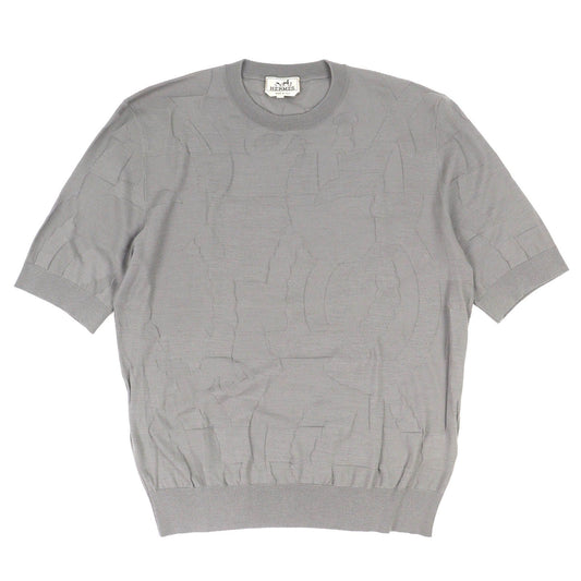 Hermes Equestrian Fragments Wool Crew Neck Short Sleeve Knit Top Gray XL