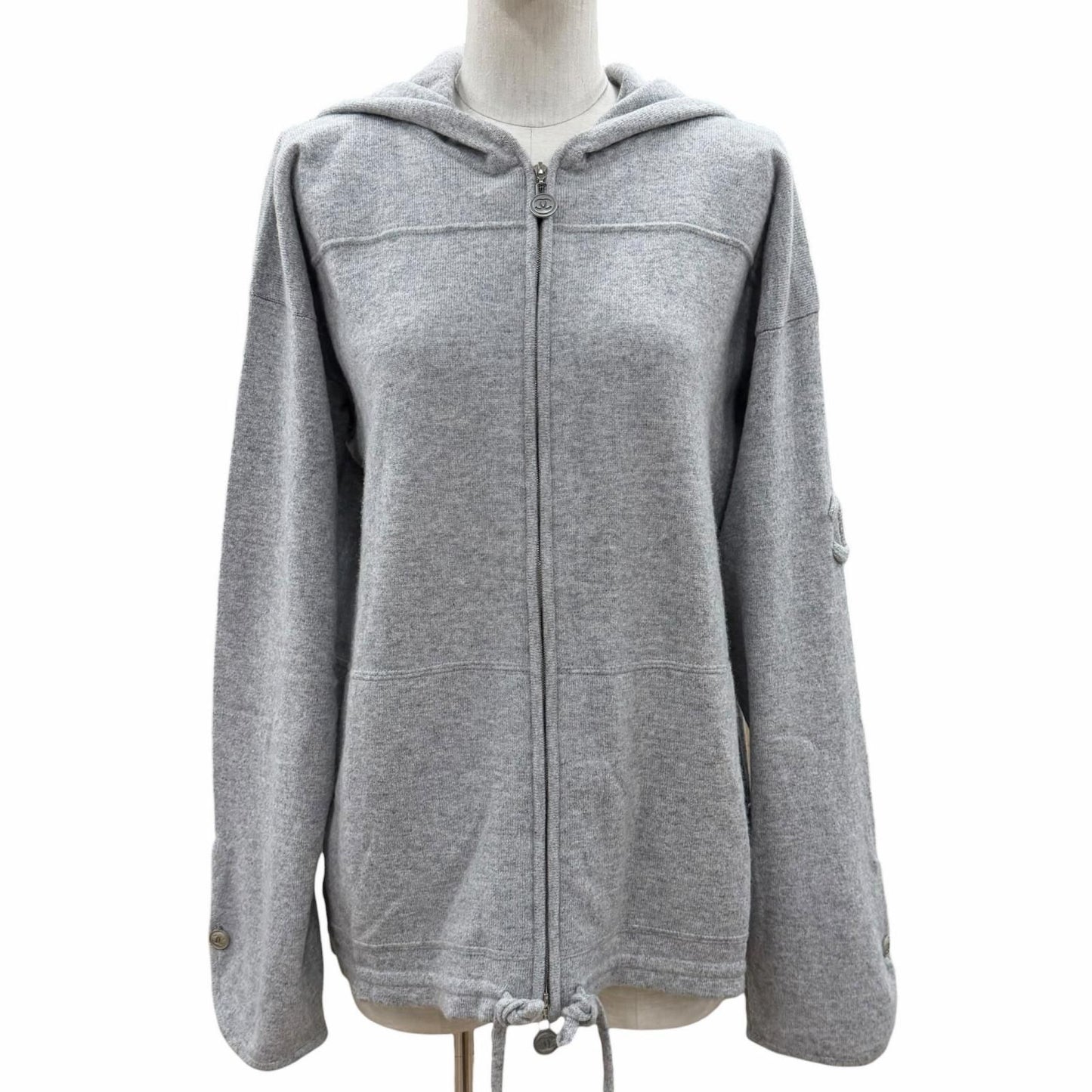 Chanel Cashmere CC Logo Button Decoration Double Zip Hoodie Gray 46 OK
