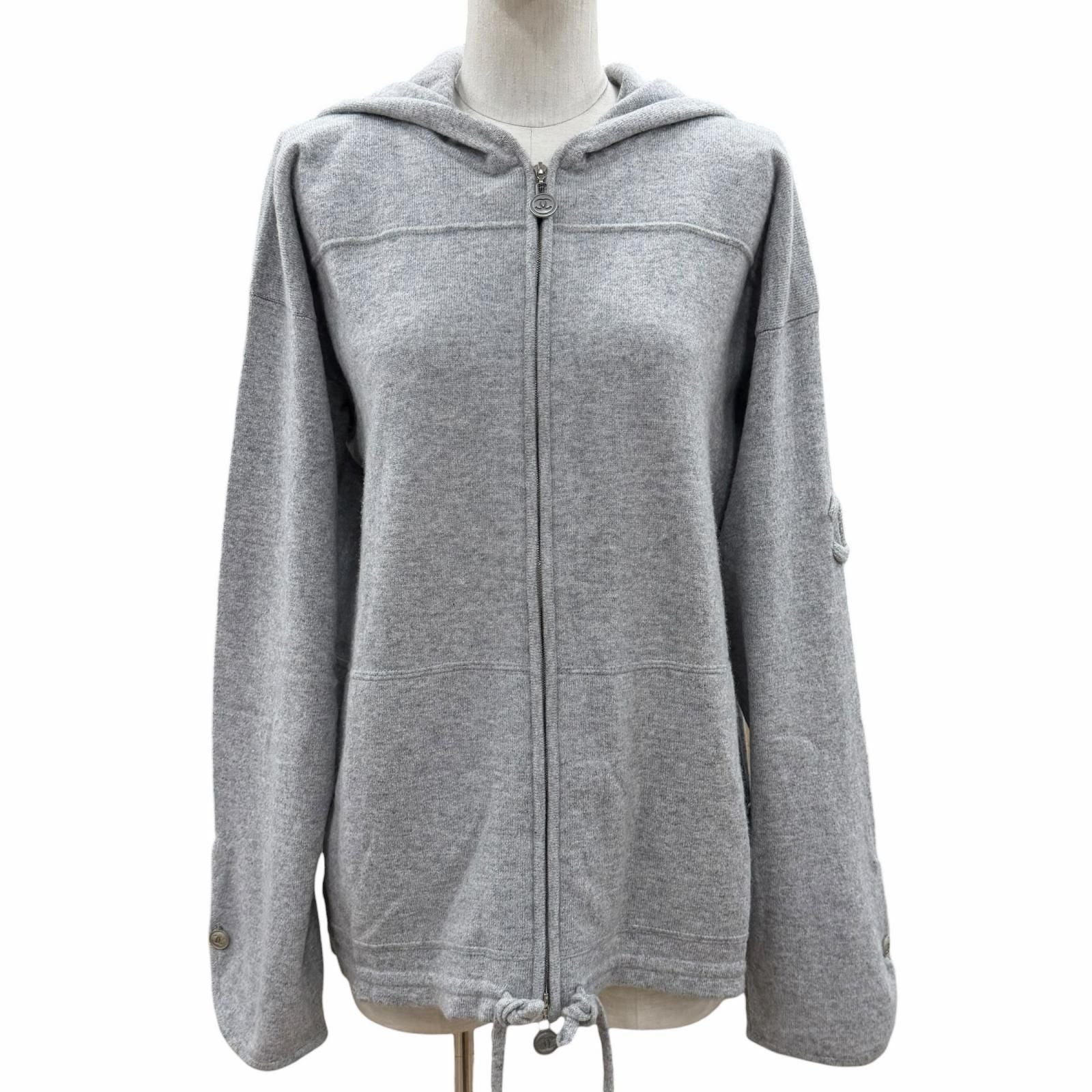 Chanel Cashmere CC Logo Button Decoration Double Zip Hoodie Gray 46 OK