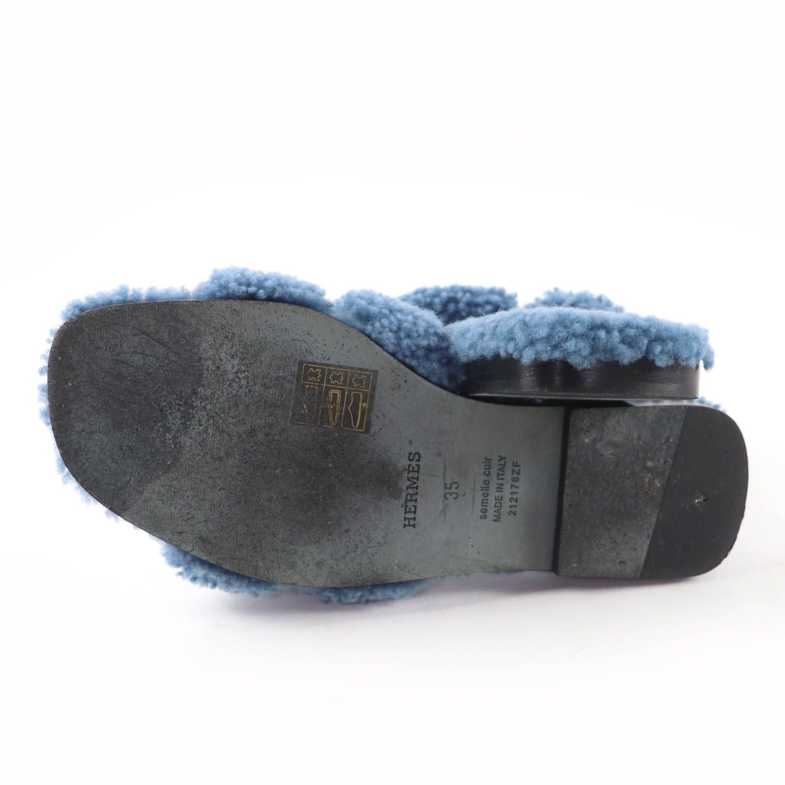 Hermes Oran Shearling Leather Mules Flat Sandals Blue — view 7