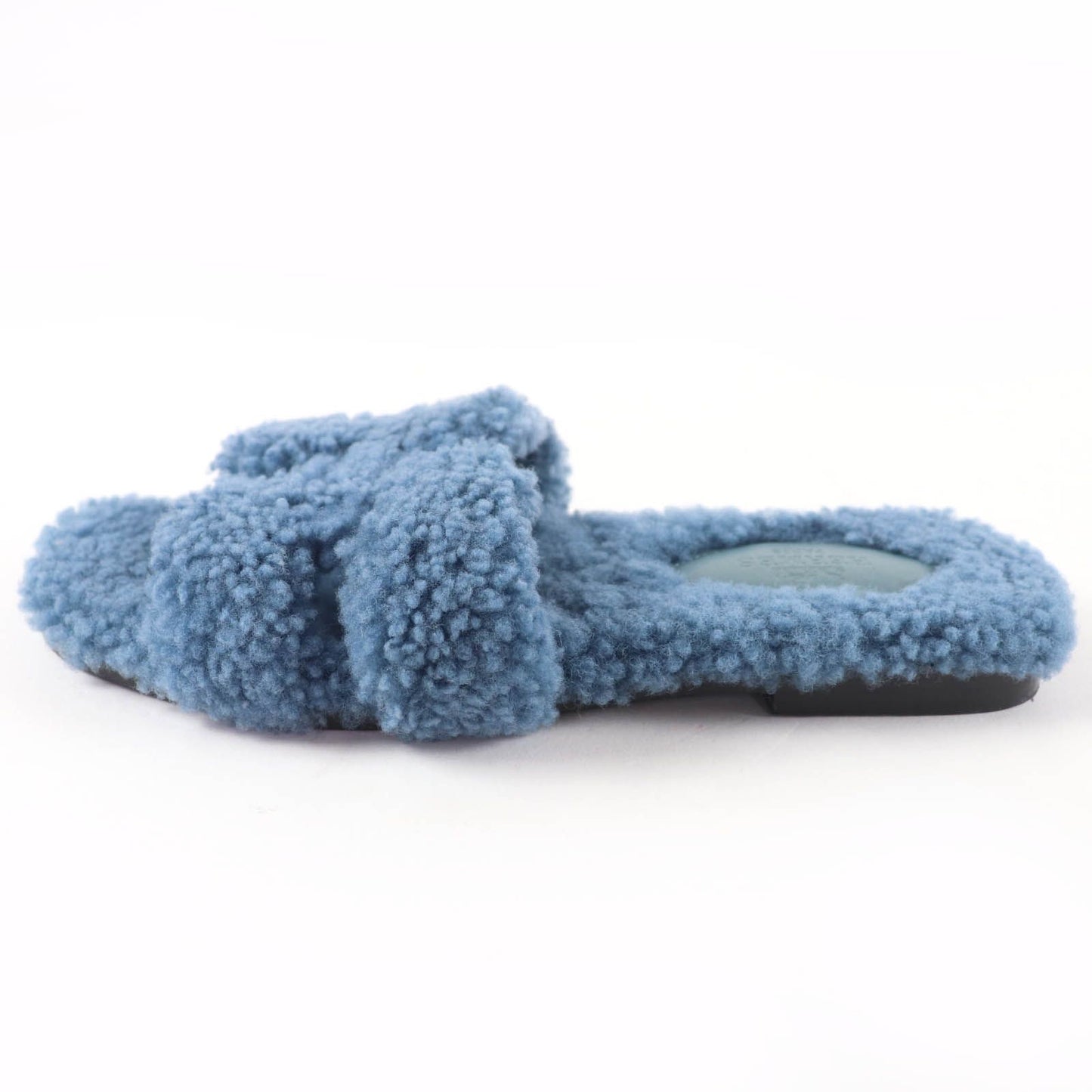 Hermes Oran Shearling Leather Mules Flat Sandals Blue — view 5