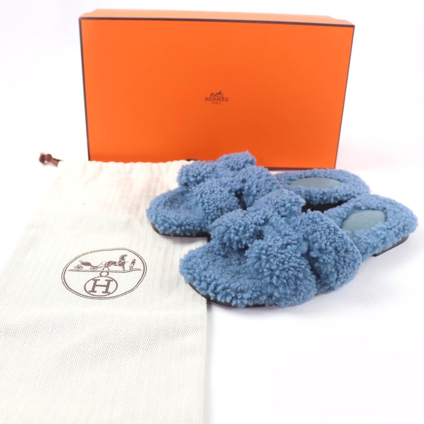 Hermes Oran Shearling Leather Mules Flat Sandals Blue — view 2