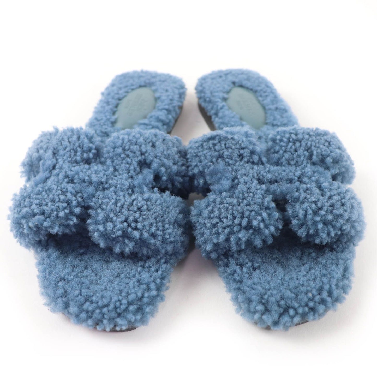 Hermes Oran Shearling Leather Mules Flat Sandals Blue — view 4