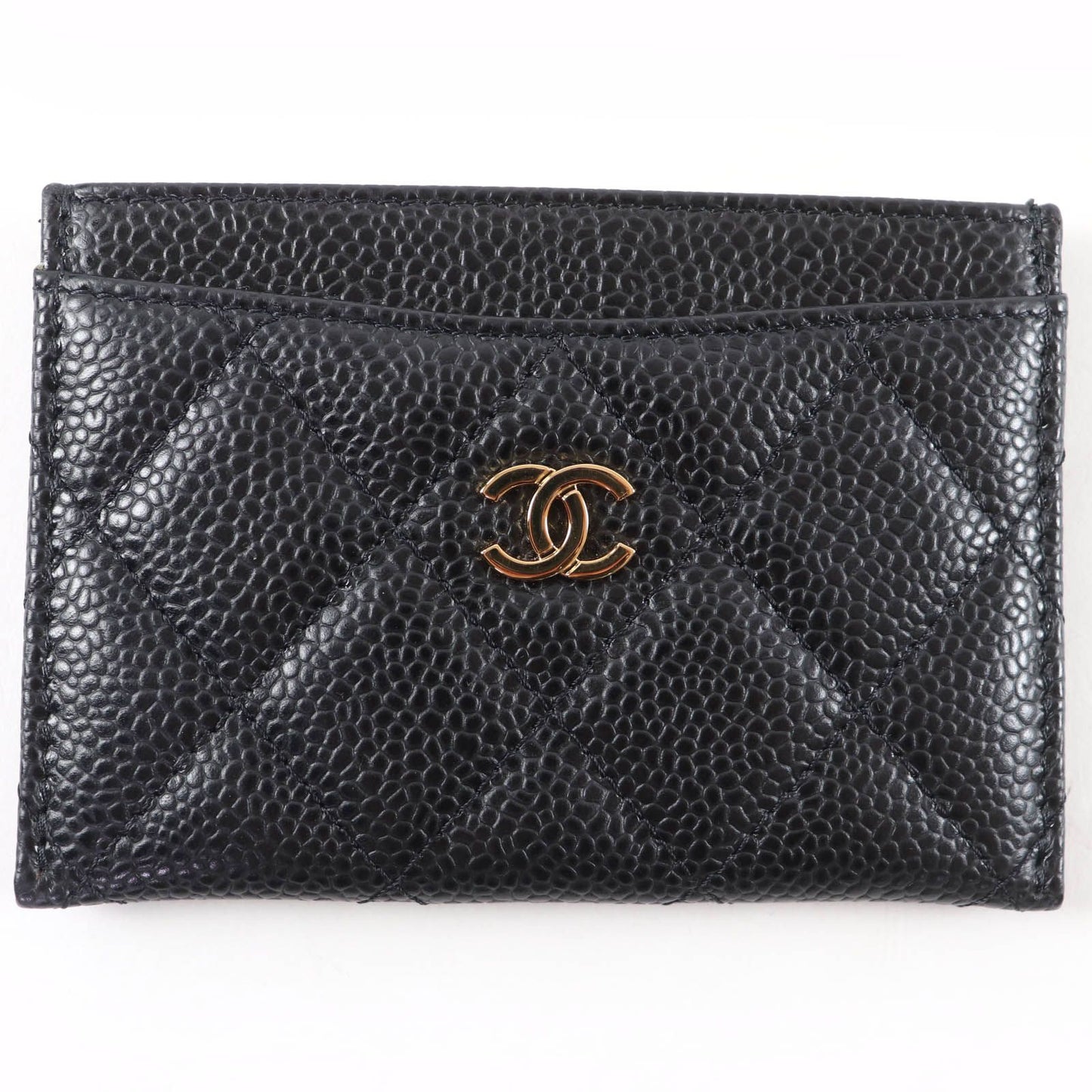 Chanel Caviar Leather CC Logo Quilted Card Case Black Gold