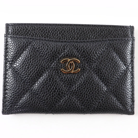Chanel Caviar Leather CC Logo Quilted Card Case Black Gold