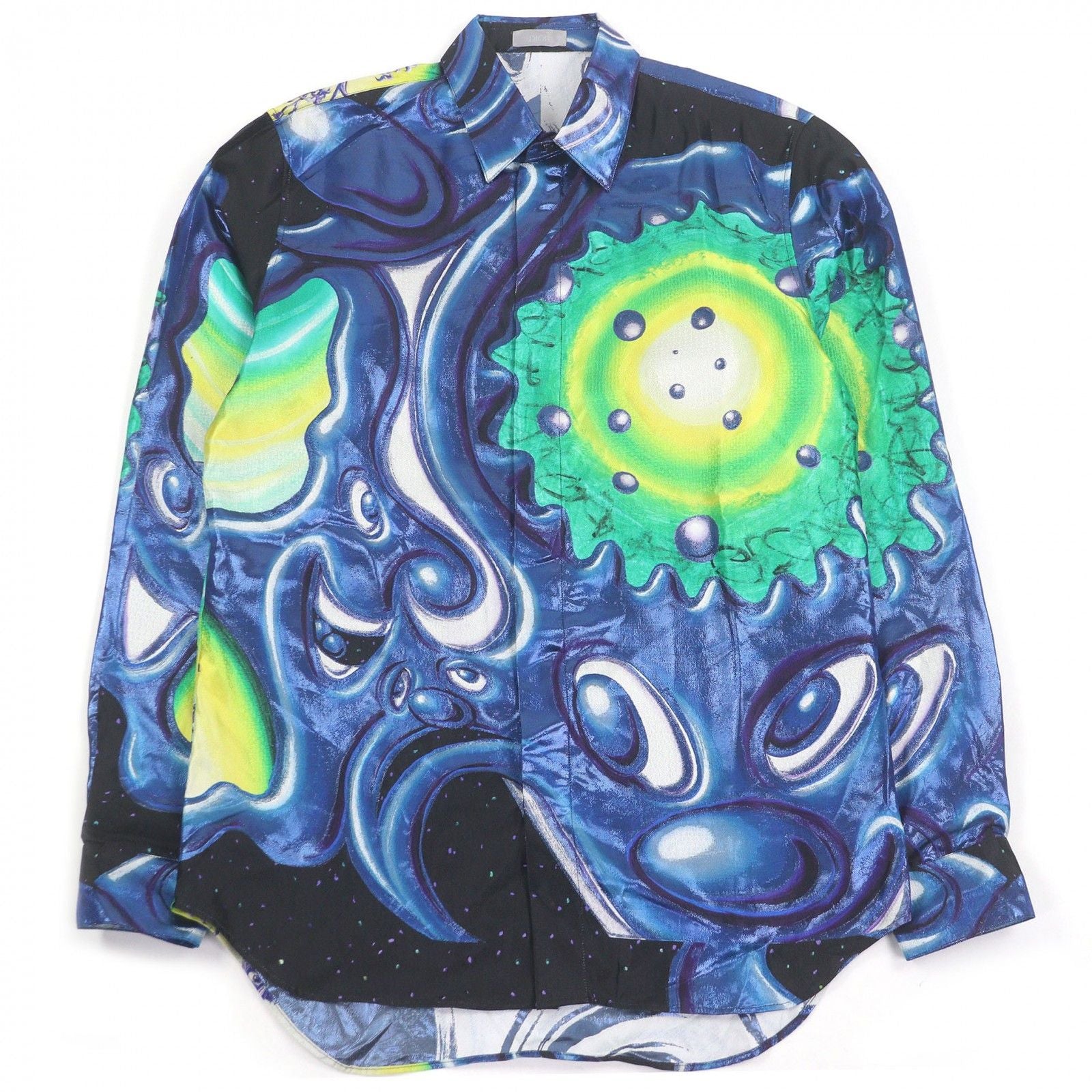 Dior Homme Kenny Shaft Silk Blend Graphic Print Long Sleeve Shirt Blue 39