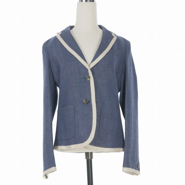 Max Mara Weekend Line Wool Blend Jacket Piping Blue Leather Long Sleeve 38 07