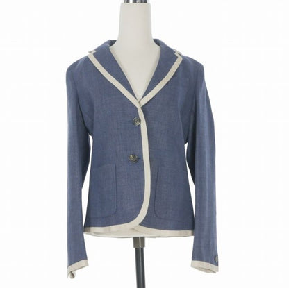 Max Mara Weekend Line Wool Blend Jacket Piping Blue Leather Long Sleeve 38 07