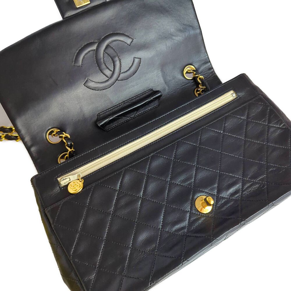 Chanel Quilted 28 Lambskin Chain Shoulder Bag Black CC Logo All