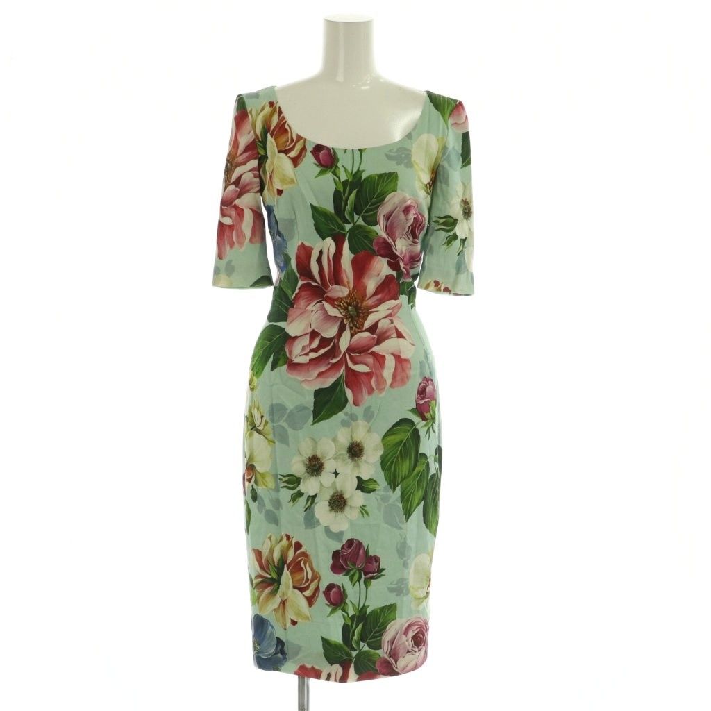 Dolce & Gabbana Dress Half Sleeve Floral Pattern 36 Mint Green Multicolor