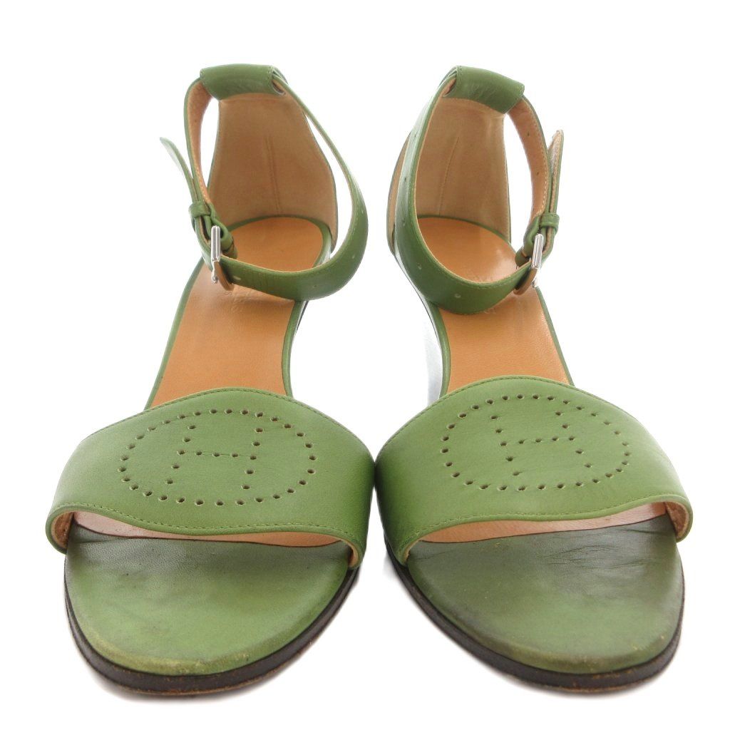 Hermes Sandals Wedge Sole Logo Strap Leather 36 Green — view 3