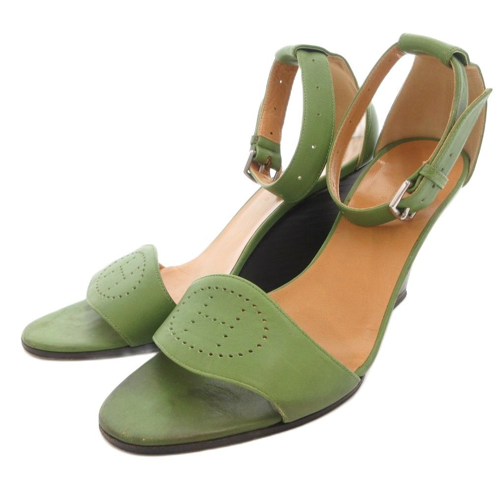 Hermes Sandals Wedge Sole Logo Strap Leather 36 Green