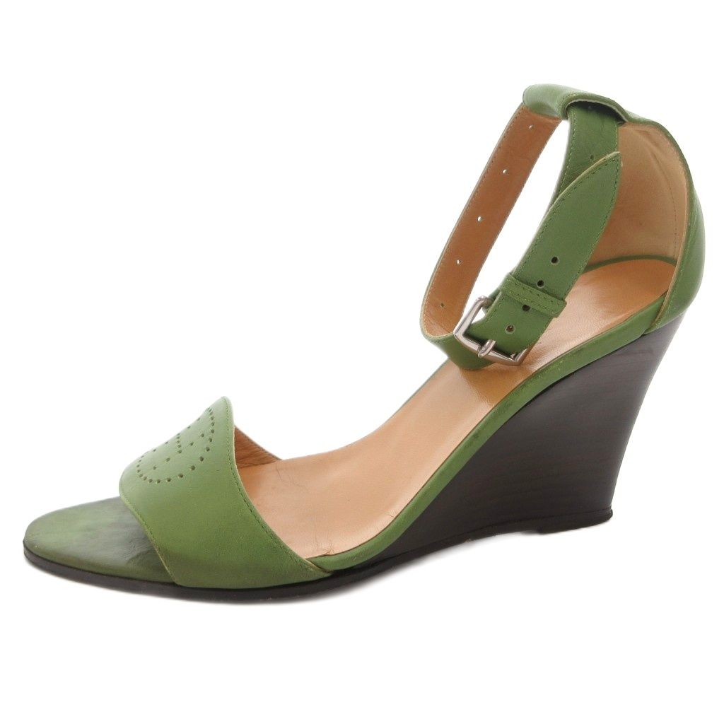 Hermes Sandals Wedge Sole Logo Strap Leather 36 Green — view 2