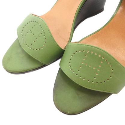 Hermes Sandals Wedge Sole Logo Strap Leather 36 Green — view 5