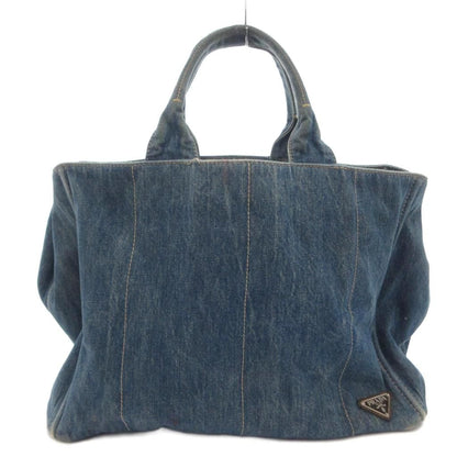 Prada Canapa Handbag Denim Tote Triangle Plate Logo Indigo FF