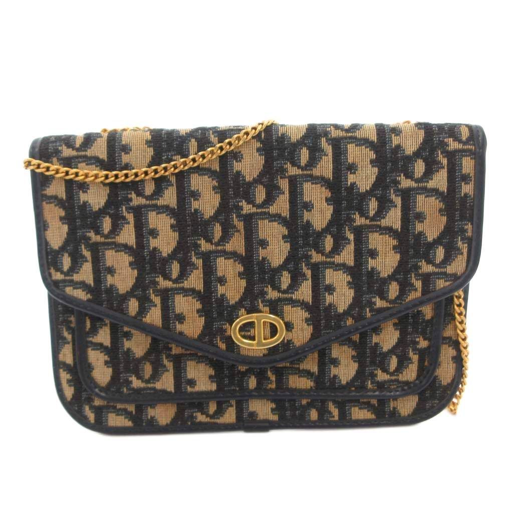 Dior Shoulder Bag Pouch Trotter CD Logo Chain Strap Navy Beige