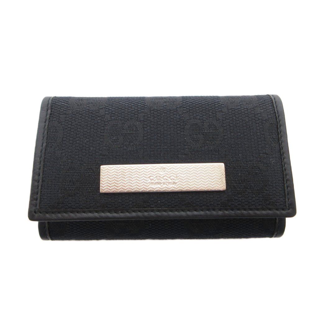 Gucci Key Case 6 Consecutive GG Pattern Canvas Leather Logo Plate Black Key