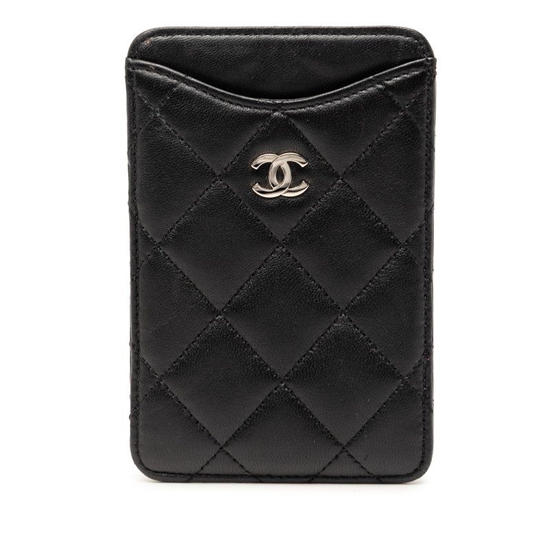 Chanel CC Logo Quilted Set Era Pass Case Black Lambskin Shoulder Bag