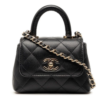 Chanel Quilted Coco Handle Micro Chain Shoulder Bag 2-Way Black Caviar Leather