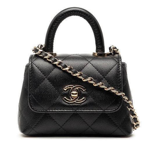 Chanel Quilted Coco Handle Micro Chain Shoulder Bag 2-Way Black Caviar Leather