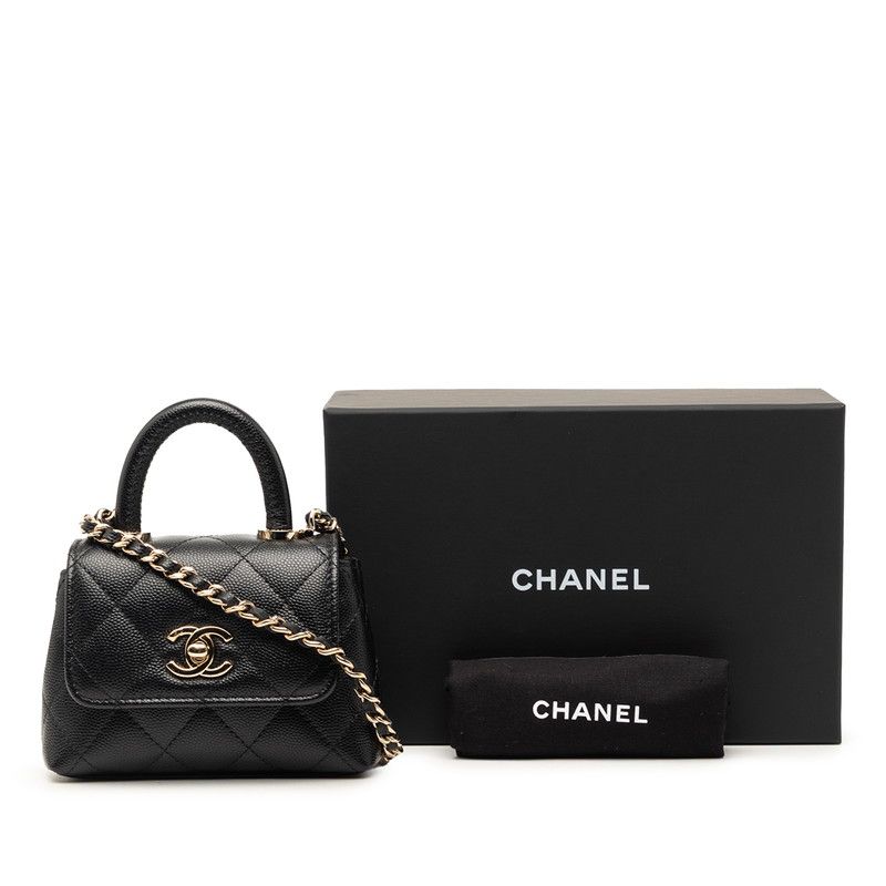 Chanel Quilted Coco Handle Micro Chain Shoulder Bag 2-Way Black Caviar Leather — view 7