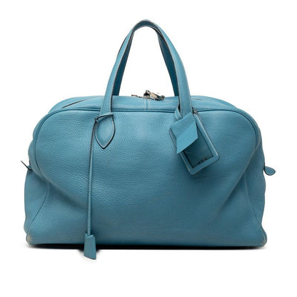 Hermes Victoria 43 Boston Bag Blue Jean Togo