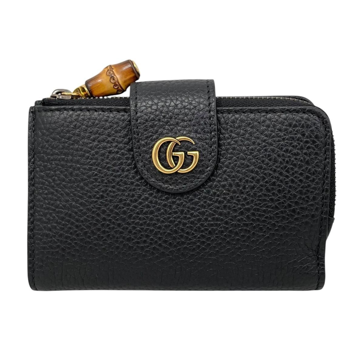 Gucci Bifold Wallet with Bamboo Double Compact Leather Black Gold