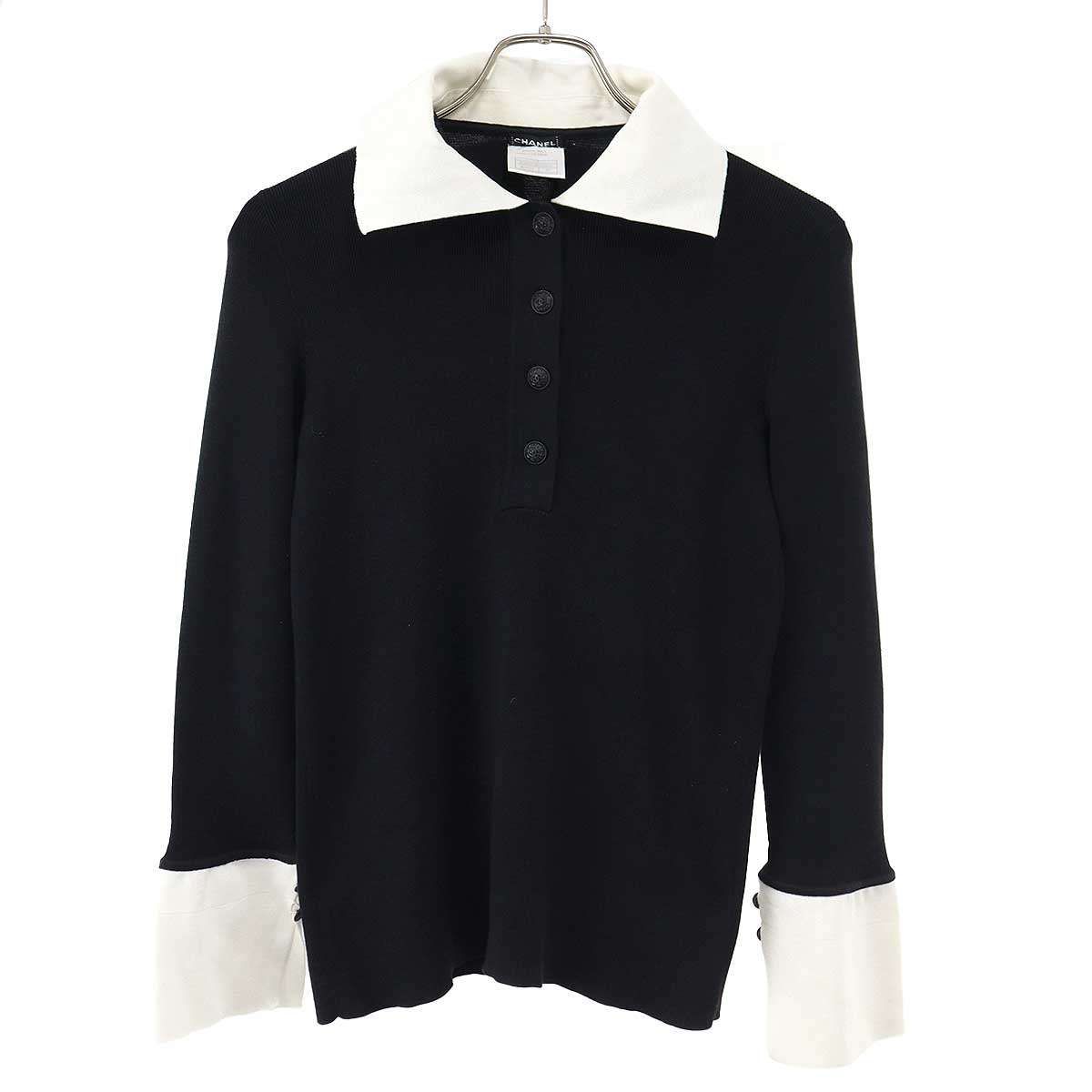 Chanel Long Sleeve Ribbon Knit Polo Shirt Black White 42