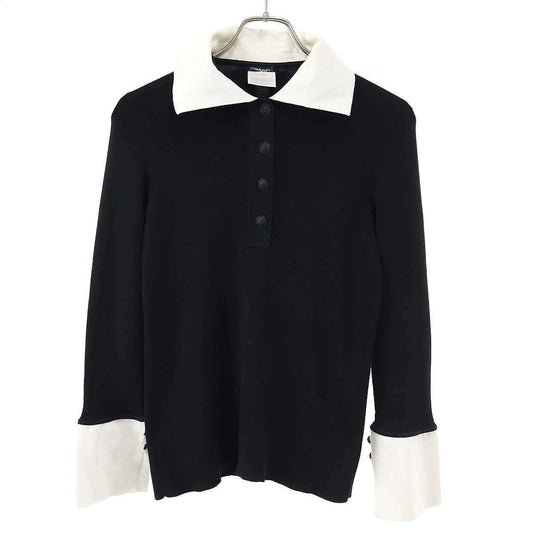 Chanel Long Sleeve Ribbon Knit Polo Shirt Black White 42