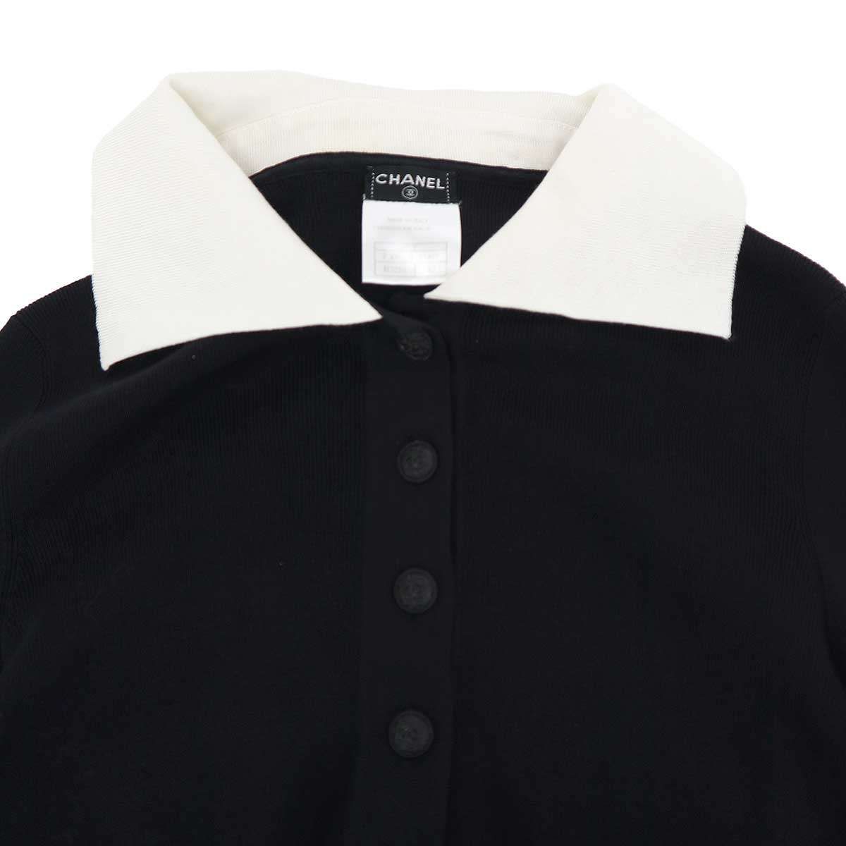 Chanel Long Sleeve Ribbon Knit Polo Shirt Black White 42 — view 4