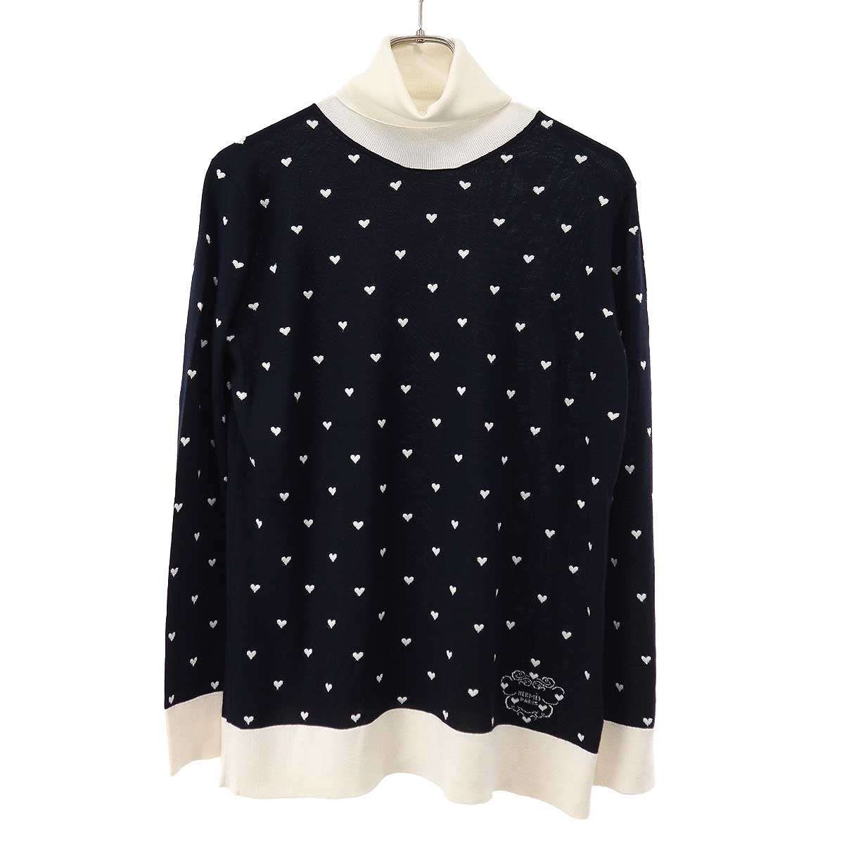 Hermes Cashmere Silk Heart Turtleneck Knit Sweater Navy Ivory 42
