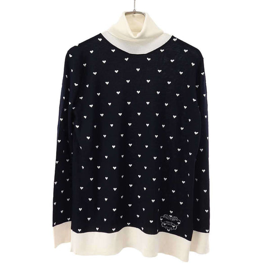 Hermes Cashmere Silk Heart Turtleneck Knit Sweater Navy Ivory 42