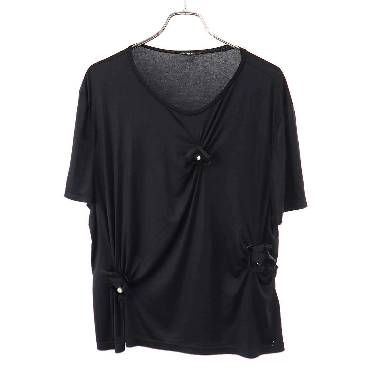 Chanel Silk Stretch Camellia Pearl Top T-Shirt Black 46