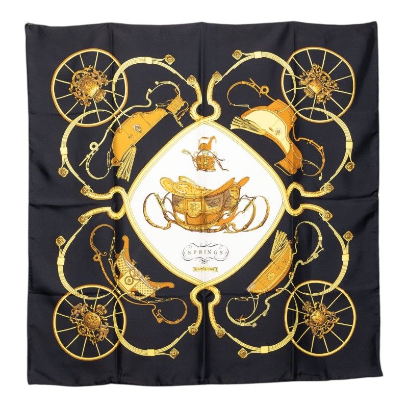 Hermes Carre 90 Spring Carriage Pattern Scarf Black Multicolor Silk
