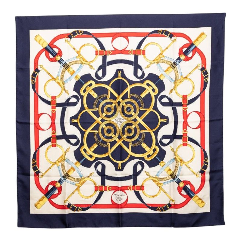 Hermes Carre 90 Eperon D'or Yellow Gold Spurs Scarf Navy Multicolor Silk