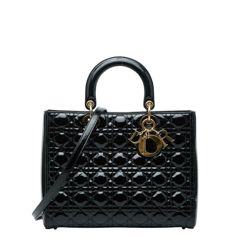 Dior Lady Dior Cannage 2-Way Shoulder Bag Black Patent Leather