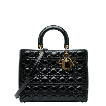 Dior Lady Dior Cannage 2-Way Shoulder Bag Black Patent Leather