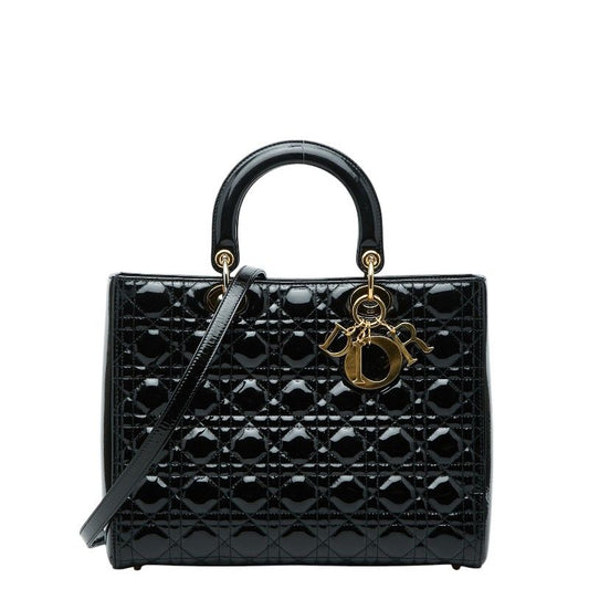 Dior Lady Dior Cannage 2-Way Shoulder Bag Black Patent Leather