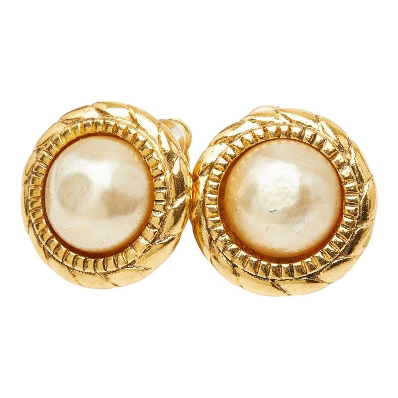 Chanel Round Earrings Gold Faux Pearl Plated