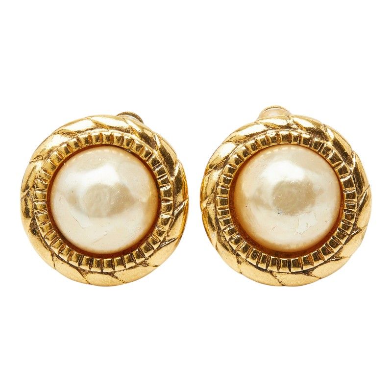 Chanel Round Earrings Gold Faux Pearl Plated — view 2
