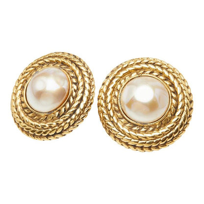 Chanel Round Earrings Gold Faux Pearl Plated