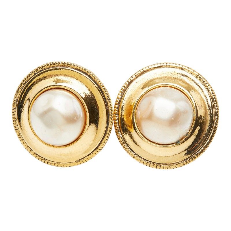 Chanel Round Earrings Gold Faux Pearl Plated