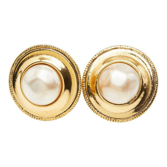 Chanel Round Earrings Gold Faux Pearl Plated