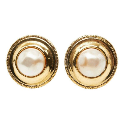 Chanel Round Earrings Gold Faux Pearl Plated — view 2