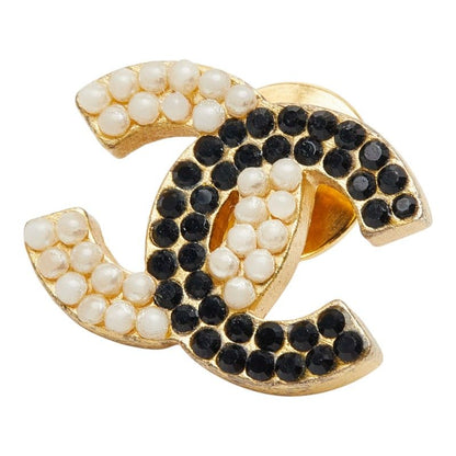 Chanel CC Logo Pin Brooch Gold Plated Faux Pearl Line Stone